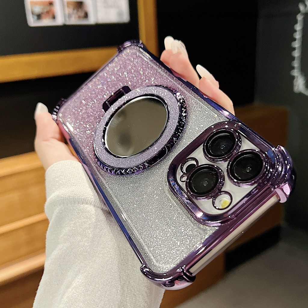 Juji เคสโทรศัพท์มือถือแบบกระจก แม่เหล็ก พับได้ แต่งกลิตเตอร์ พร้อมขาตั้งวาง สําหรับ iPhone13 12 11 14 Plus 15 Pro Max