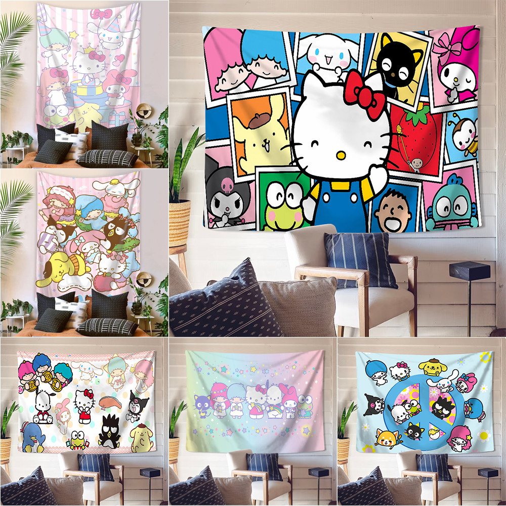 SANRIO พรมแขวนผนัง ลายการ์ตูนครอบครัวซานริโอ้ พร้อมคลิป โพลีเอสเตอร์ สําหรับตกแต่งบ้าน ห้องนอน