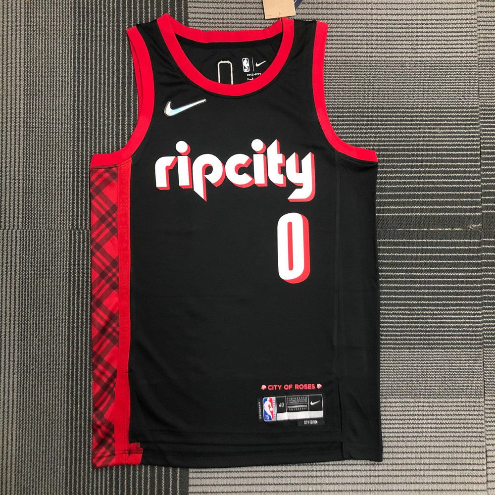 ใหม่ เสื้อเบลเซอร์ ของแท้ NBA Portland Trail สําหรับผู้ชาย 2021-22 #0 เสื้อกีฬาแขนสั้น ลายทีม Damian Lillard City Edition สีดํา
