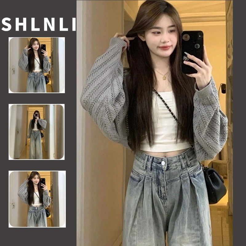 ฤดูใบไม ้ ผลิและฤดูใบไม ้ ร ่ วงผู ้ หญิงสีทึบ Hollow เสื ้ อกันหนาว Knitwear เสื ้ อแจ ็ คเก ็ ตคาร ์ ดิแกนบาง