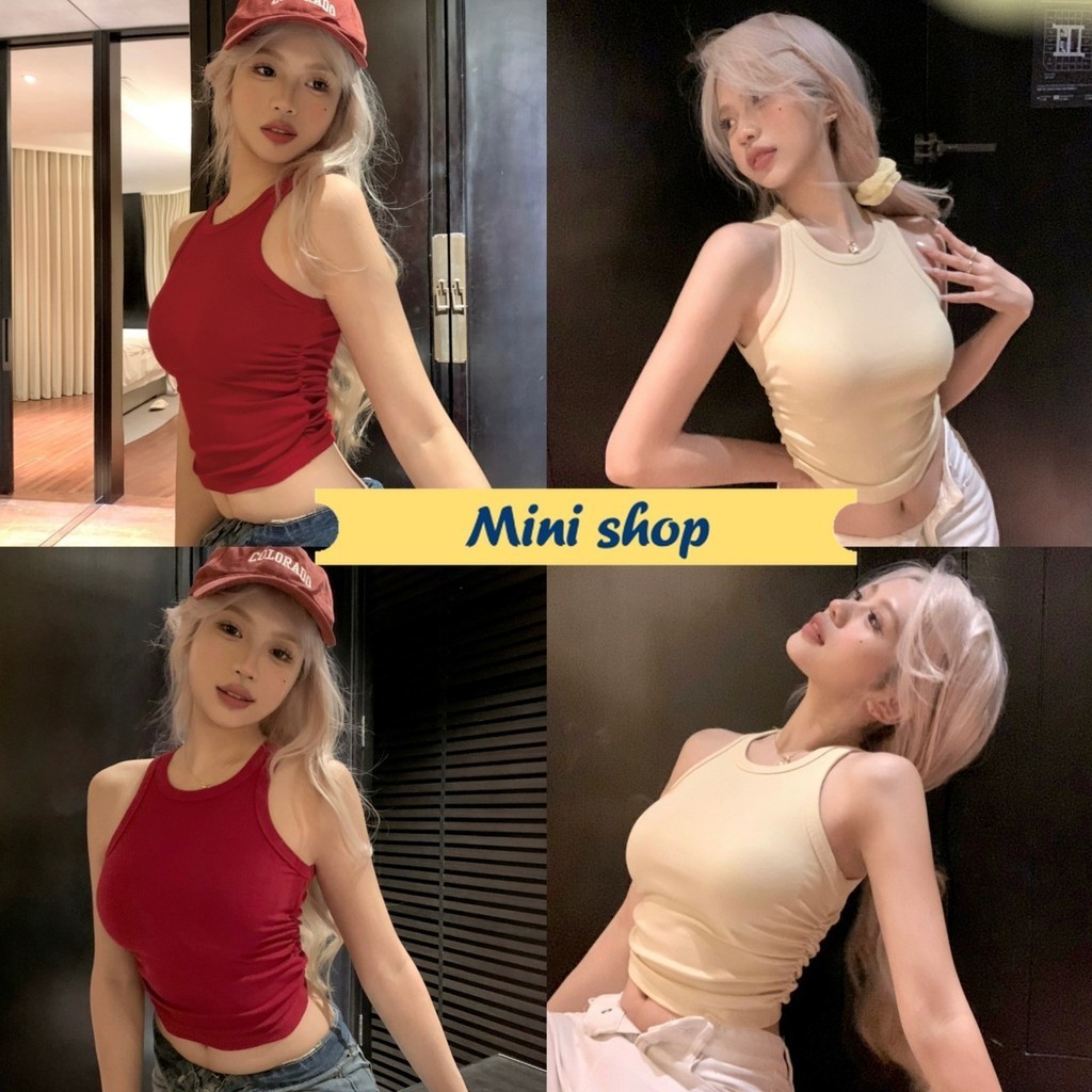 Mini shop พร้อมส่ง (FY2065) เสื้อกล้ามทรงครอป มีฟองน้ำ รัดรูปใส่สบาย -H