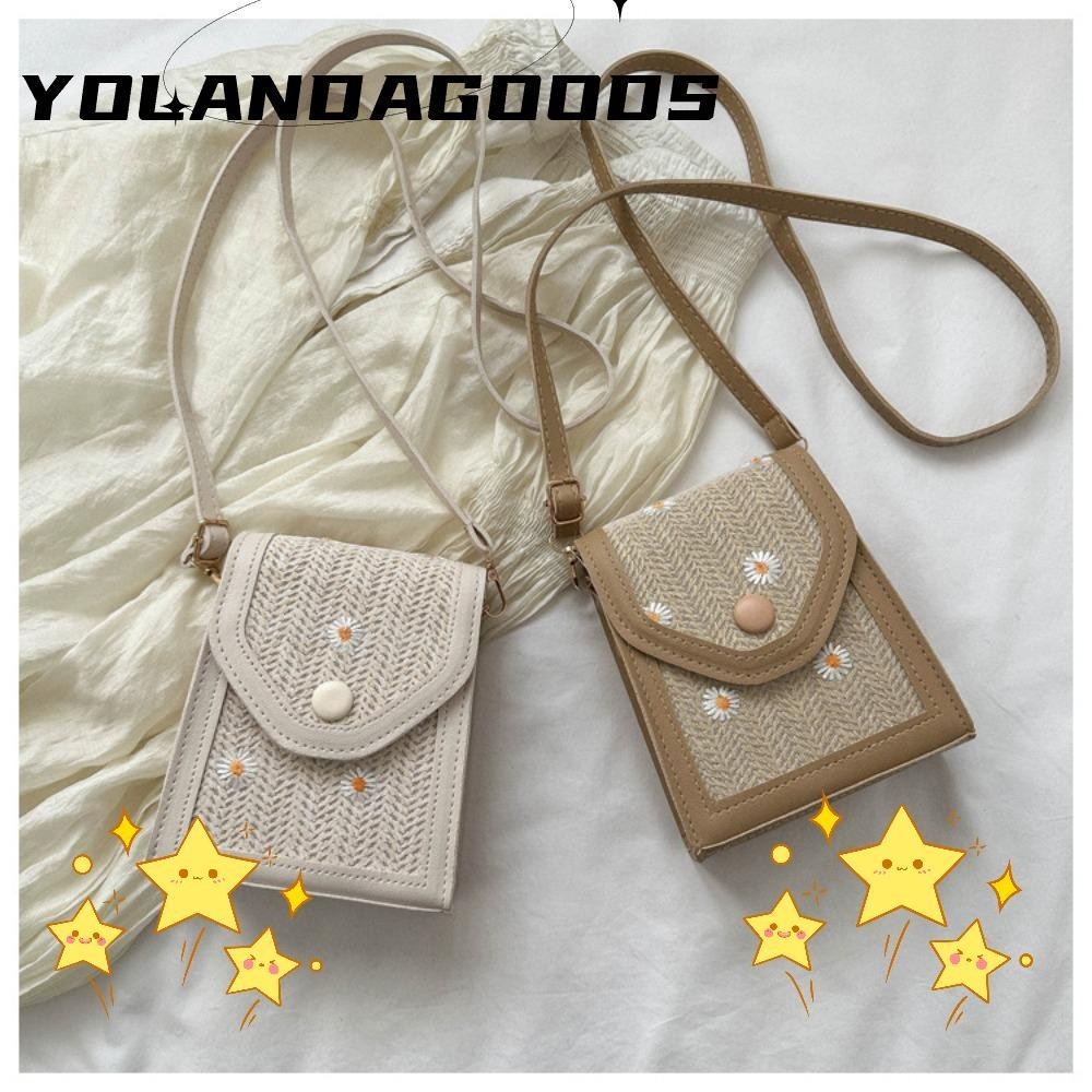 Yola Straw Plaited Phone Bag, Little Daisy Straw Embroidery Bag, Dacron Phone Pouch