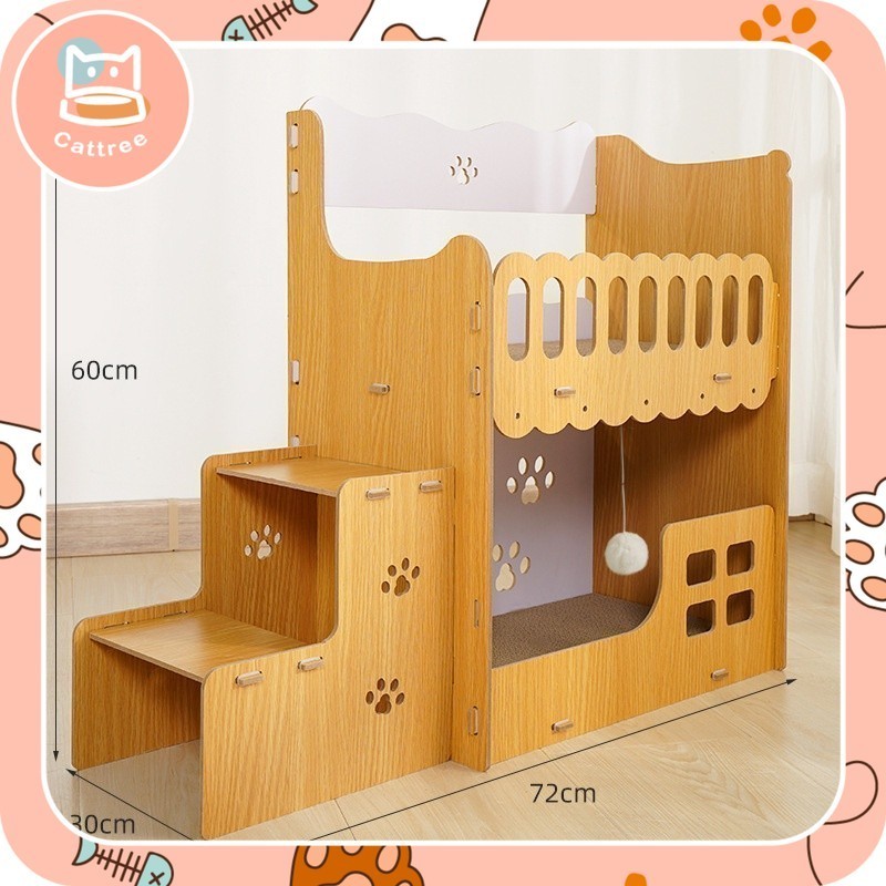 บ้านแมว คอนโดแมว ของเล่นแมว ที่ลับเล็บแมว ที่ฝนเล็บแมว ขนาด63x72x30cm วัสดุไม้+ลูกฟูก ห้องใต้หลังคา