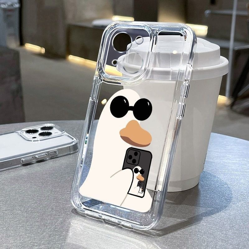 ปลอกสําหรับiphone 11 12 13 14 15 Pro Max XS XR X Max 7 8 14 15 Plus SE 2020 13 12 Miniเป็ดน่ารักรูปแบบตลกแว่นกันแดดเป็ดโปร่งใสนุ่ม