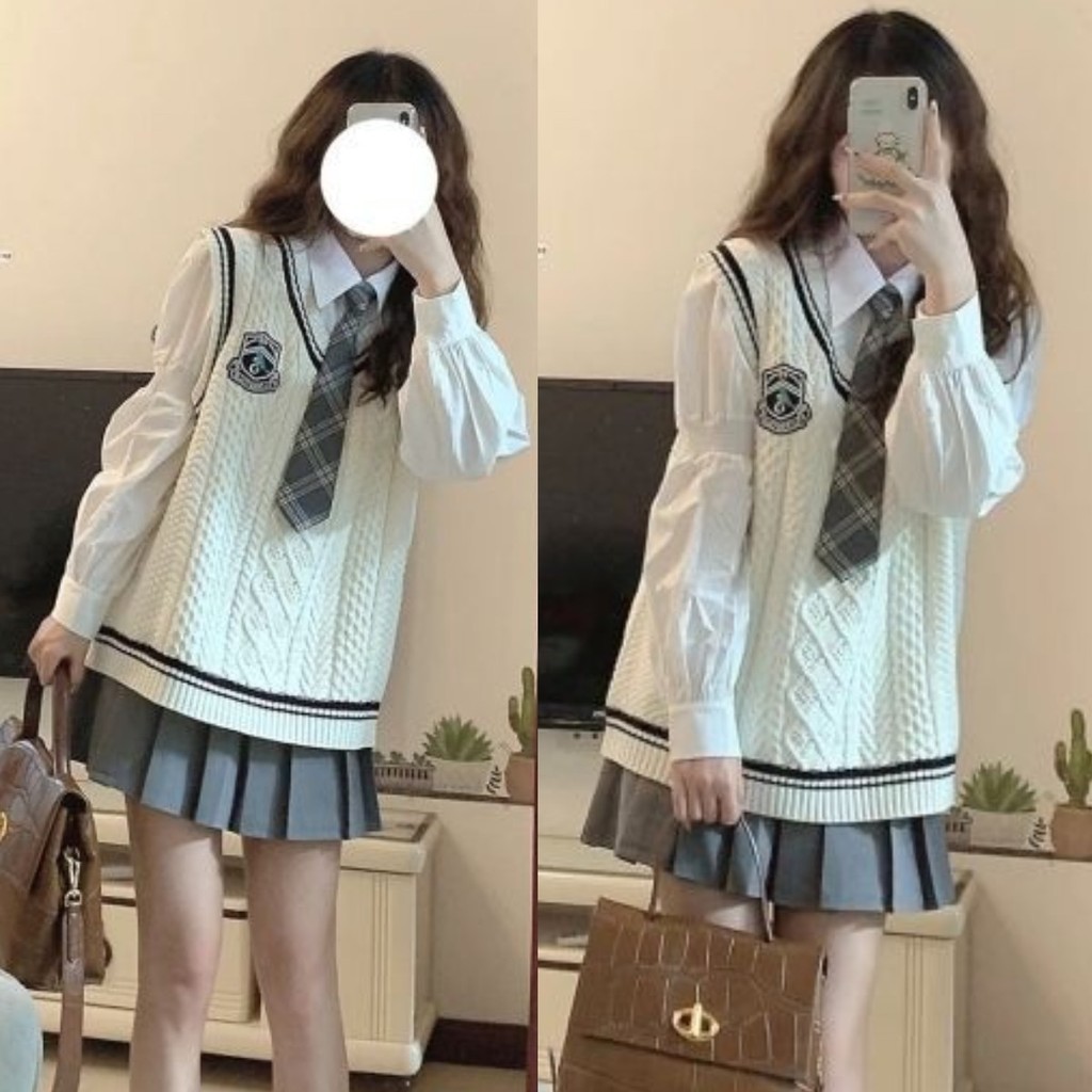 ชุดสามชิ้นผูก + เสื้อ + กระโปรงจีบฤดูใบไม้ร่วงใหม่หลวม การแบ่งชั้น วิทยาลัยแขนกุดถักเสื้อกั๊กเสื้อนอก
