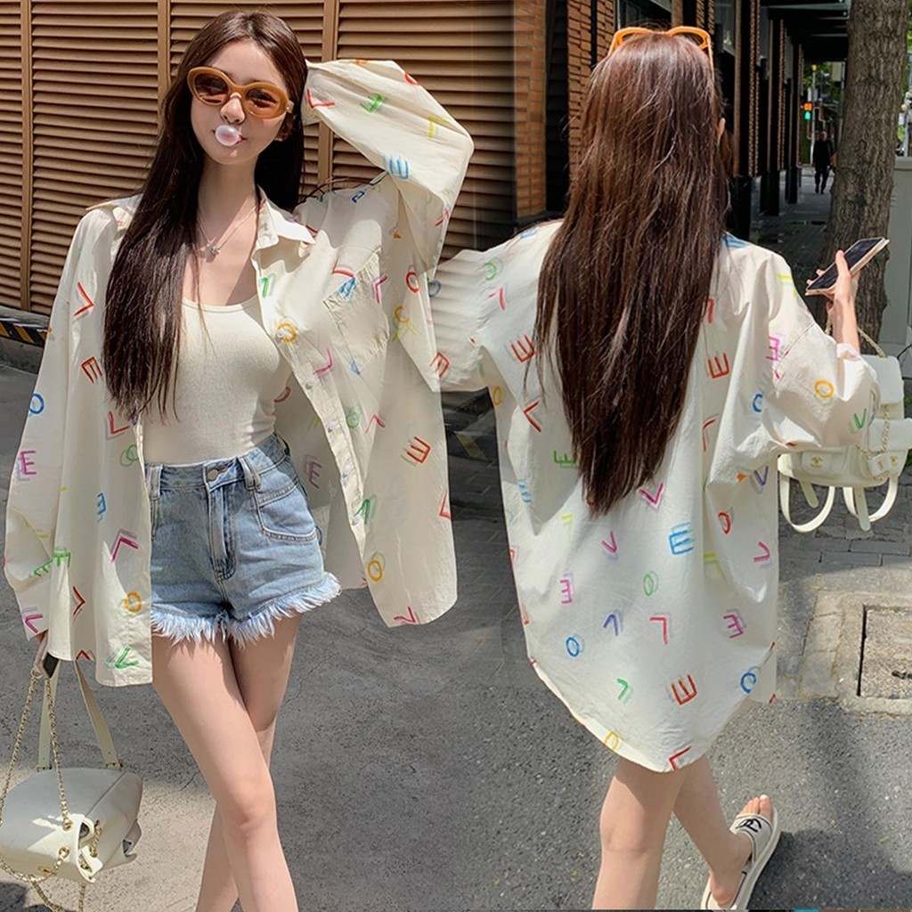 mimi&didi.เสื้อแขนยาวผู้หญิง เสื้อแฟชั่นมาใหม่ ฟรีไซส์ ฤดูร้อนหลวมพิมพ์ตัวอักษรความยาวกลางด้านบน สไตล์เกาหลี#W386