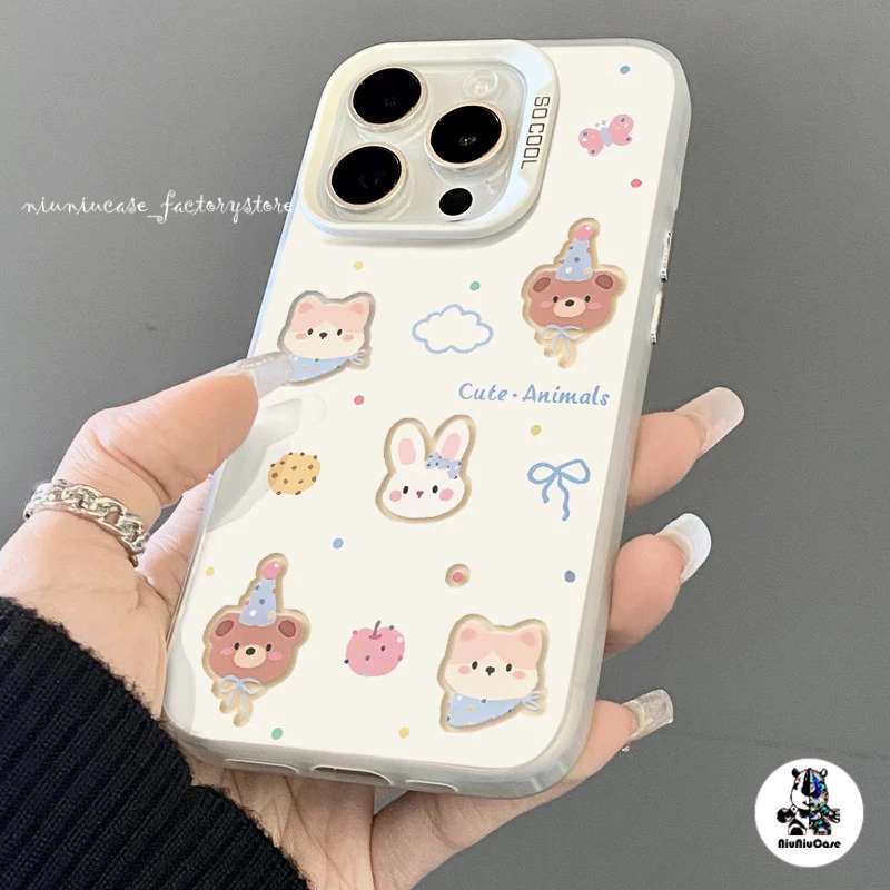 การ์ตูนหมีน้อยกระต่าย เคสโทรศัพท์มือถือ For iPhone 11 12 13 14 15 Pro Max XR X XS 7 8 Plus SE เคซิลิโคนุ่มส สีเงิน เคส