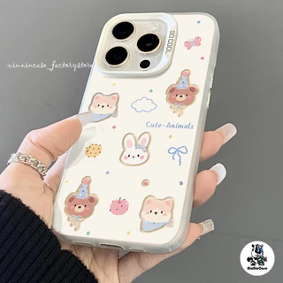 การ์ตูนหมีน้อยกระต่าย เคสโทรศัพท์มือถือ For iPhone 11 12 13 14 15 Pro Max XR X XS 7 8 Plus SE เคซิลิโคนุ่มส สีเงิน เคส