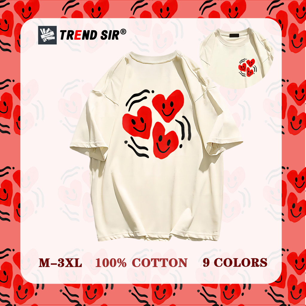 TrendSir พร้อมส่ง เสื้อยืด เสื้อยืดแขนสั้น ลายพิมพ์การ์ตูนรอยยิ้มและหัวใจ เนื้อผ้านิ่ม 100% Cotton 9สี M-3XL