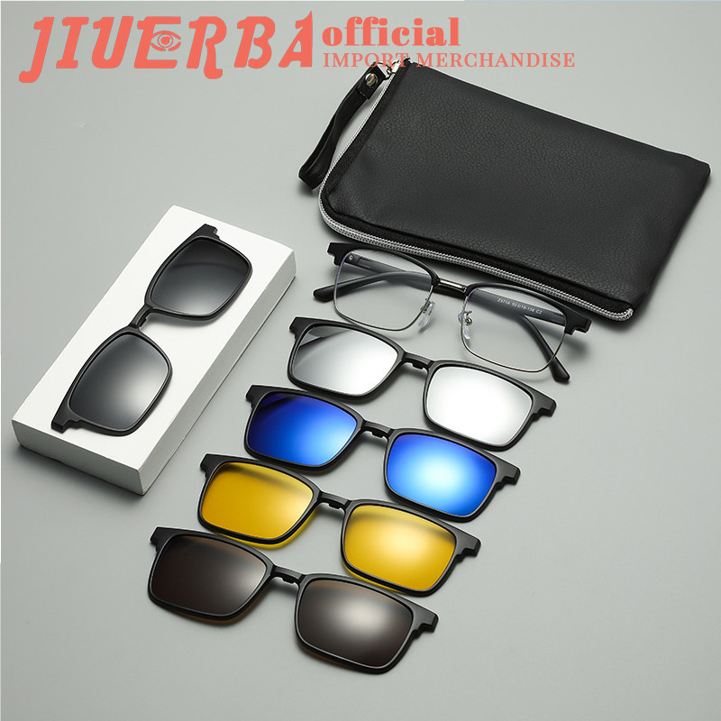 JIUERBA มีสไตล์ TR90 กลางแจ้งวินเทจกระจกแม่เหล็กโพลาไรซ์แว่นกันแดดที่มีห้าคลิปโลหะขี่จักรยานแว่นตากันแดดทนรังสียูวี