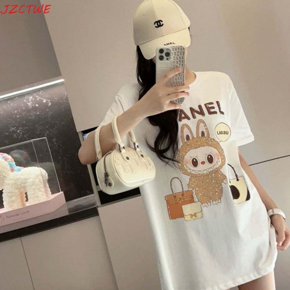 JZCTWE Labubu Print T Shirt, Letter Rhinestone Labubu Oversized Top, Cute Shiny Short Sleeved Loose 