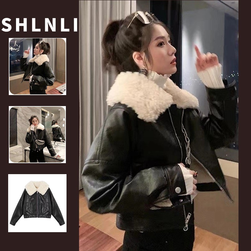 ผู ้ หญิงฤดูใบไม ้ ร ่ วงและฤดูหนาวเสื ้ อหนัง Retro เอวสูงสั ้ นขนแกะเสื ้ อแจ ็ คเก ็ ต