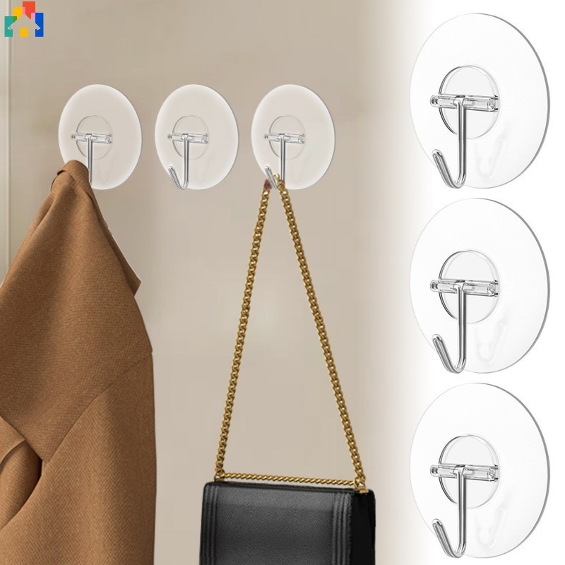 3/10 ชิ้นวงกลมโปร่งใส Strong Sticky Hooks ห้องน้ําชั้นเก็บไม่มีการเจาะ Sleek Matte Finish Patch ครัวตะขออุปกรณ์เสริม