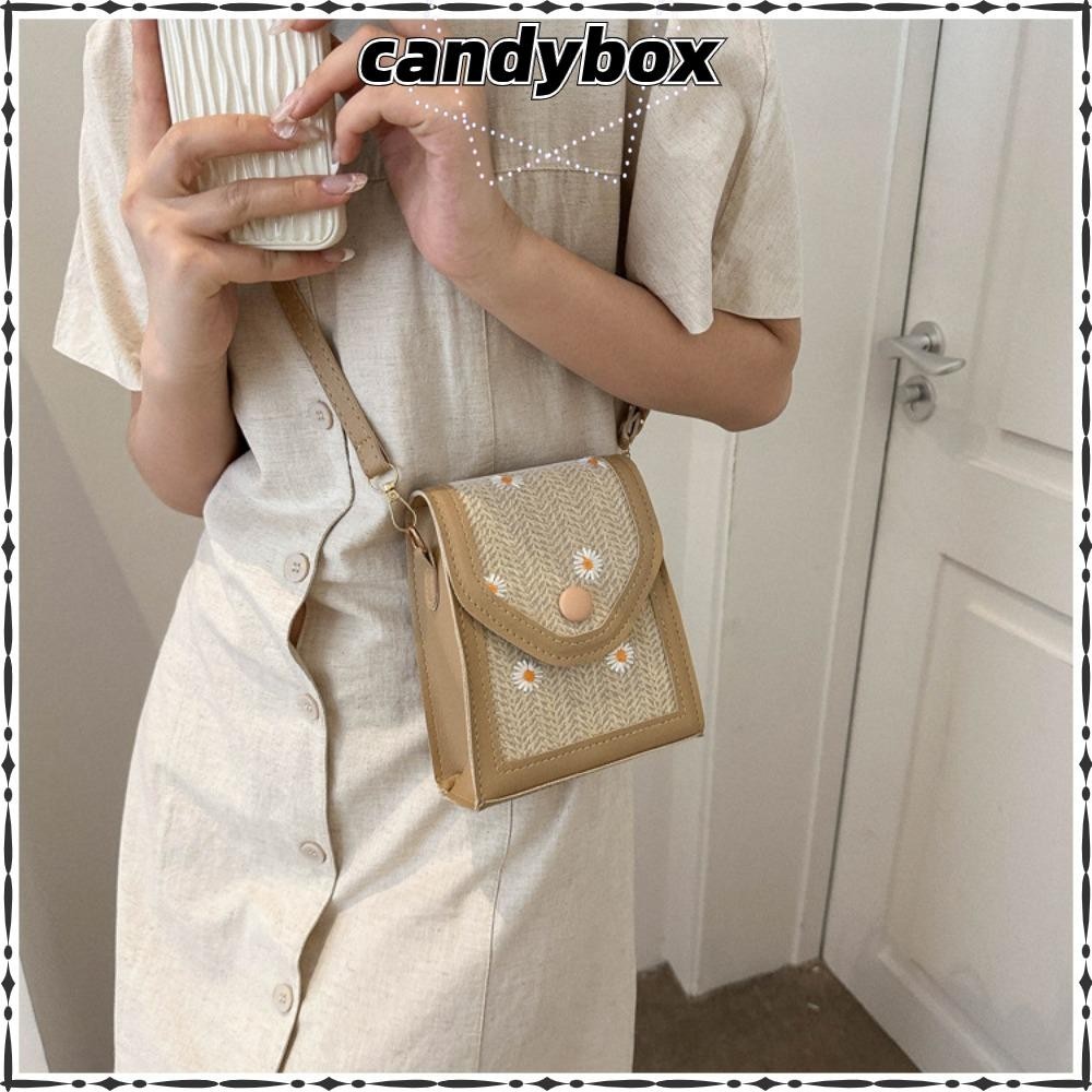Candybox เย ็ บปักถักร ้ อย Bag, Straw Dacron Straw Plaited Phone Bag, Little Daisy Shoulder Crossbody Bag