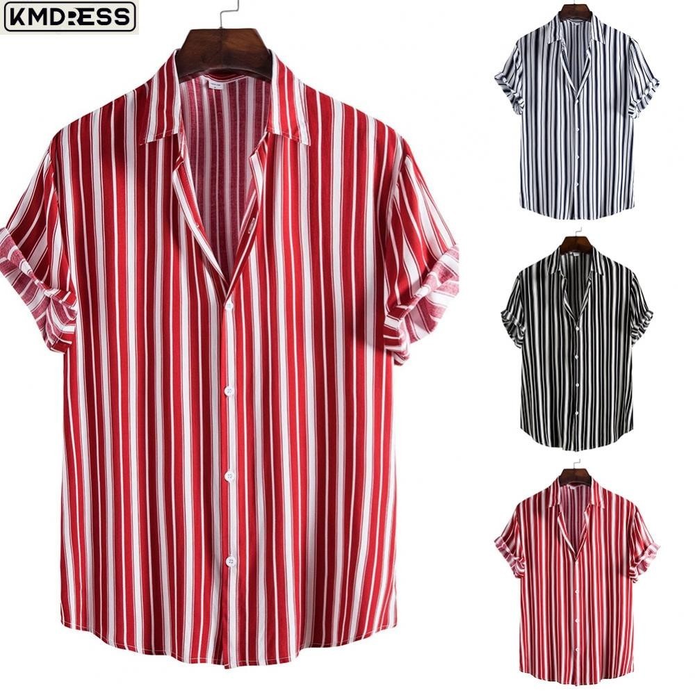 [KMDRESS]6) Retro Style Mens Striped Bowling Shirt Short Sleeve Lapel Button Down Blouse