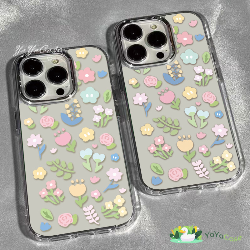 สำหรับ iPhone11 13 Case FOR เคสไอโฟน14 15 12 pro max 7 8 14 15 Plus X XR XS Max ดอกไม้และหญ้า สไตล์ TPU กรอบรูปโลหะเคส