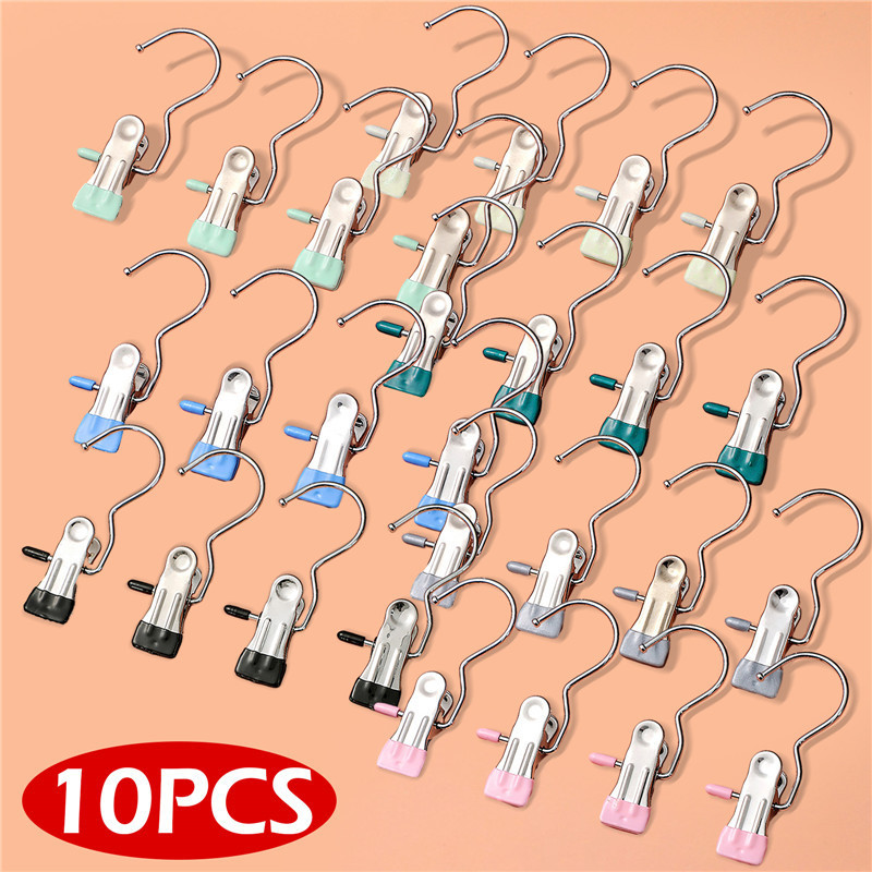 10 ชิ้น พรีเมี่ยม สเตนเลส ที่หนีบผ้า พร้อมตะขอ ซักผ้า หมุด สําหรับแขวนเสื้อผ้า กางเกง ที่แขวน ที่คีบ คลิปตะขอ