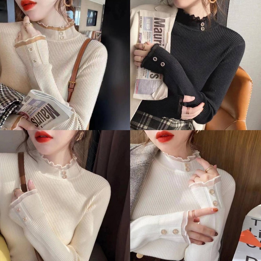 เสื้อแฟชั่นผู้หญิงแขนยาวคอเต่า ผ้าไหมพรมยืดใส่สบาย แต่งกระดุม สไตล์เกาหลี #ขนาดฟรีไซส์