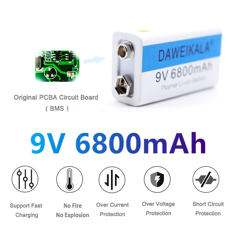 ถ่านชาร์จ 9V 6800mAh Li-ion ราคา1ก้อน แถมสายชาร์จให้ เต็ม Battery แบตเตอรี่ที่มีคุณภาพสูง ชาร์จได้1500ครั้ง