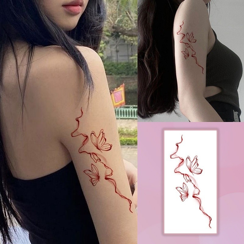 ด ้ ายไหมสีส ้ มลายผีเสื ้ อรอยสักสาวน ่ ารักแขนสักสติกเกอร ์ รอยสักกันน ้ ํายาวนาน 7 วันรอยสักปลอมชั ่ วคราว