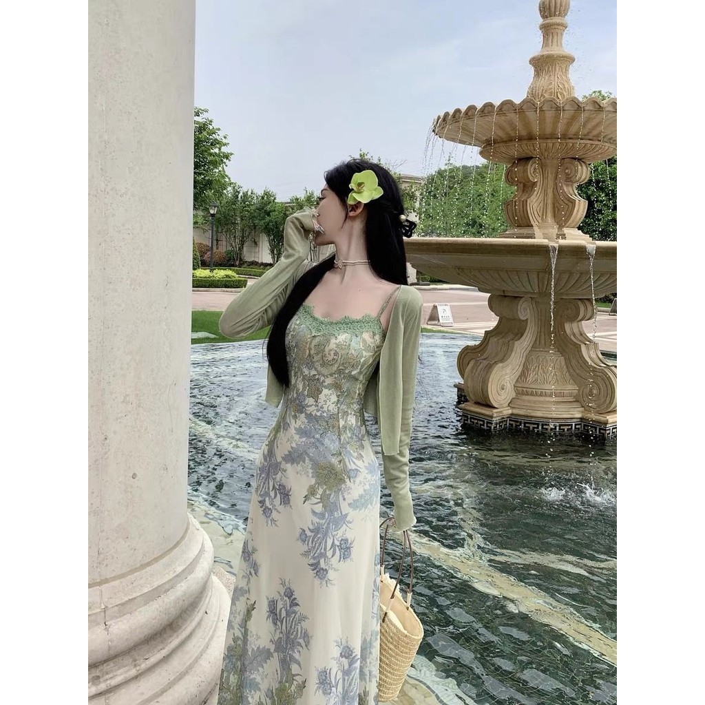 🌺กระโปรง,🌺พิมพ์เชือกแขวนคอแต่งตัวผู้หญิงฤดูร้อนฝรั่งเศสอารมณ์วันหยุดแม็กซี่คาร์ดิแกนสองชิ้น