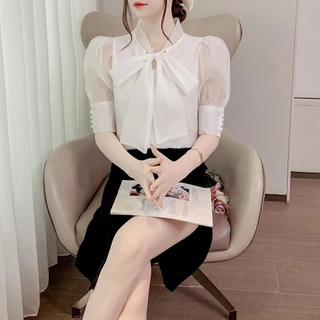 Lune_Graceเสื้อเชิ้ตแขนตุ๊กตา ดีเทลพูกโบว์ดานหน้า ผ้าชีฟองแฟชั่นแนวเกาหลี สีพึ้น สวย น่ารัก รุ่นw335