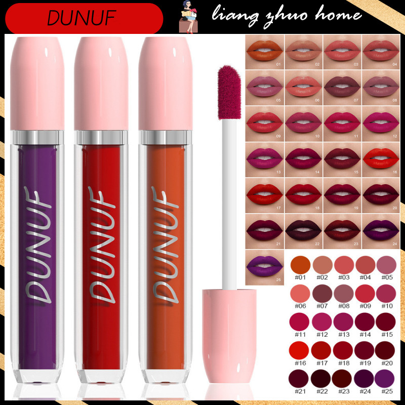 Dunuf 25-สีกันน้ําMatte Velvet Lip Glaze Liquidลิปสติกแต่งหน้าสีแดงเซ็กซี่เครื่องสําอางNude Non-Stickไม่ง่ายที่จะจางหายไปลิปกลอส