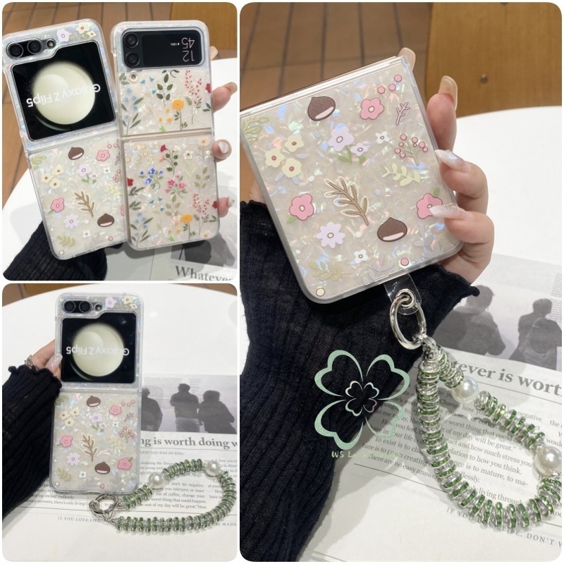 SAMSUNG ดอกไม้สดแบบสร้อยข้อมือเคสแข็ง ซัมซุง กาแลคซี Z พลิก 6 Z พลิก 5 Z พลิก 4/3 ปลอกพร้อมสายรัดข้อมือเปลือกรูปแบบปกเชลล์