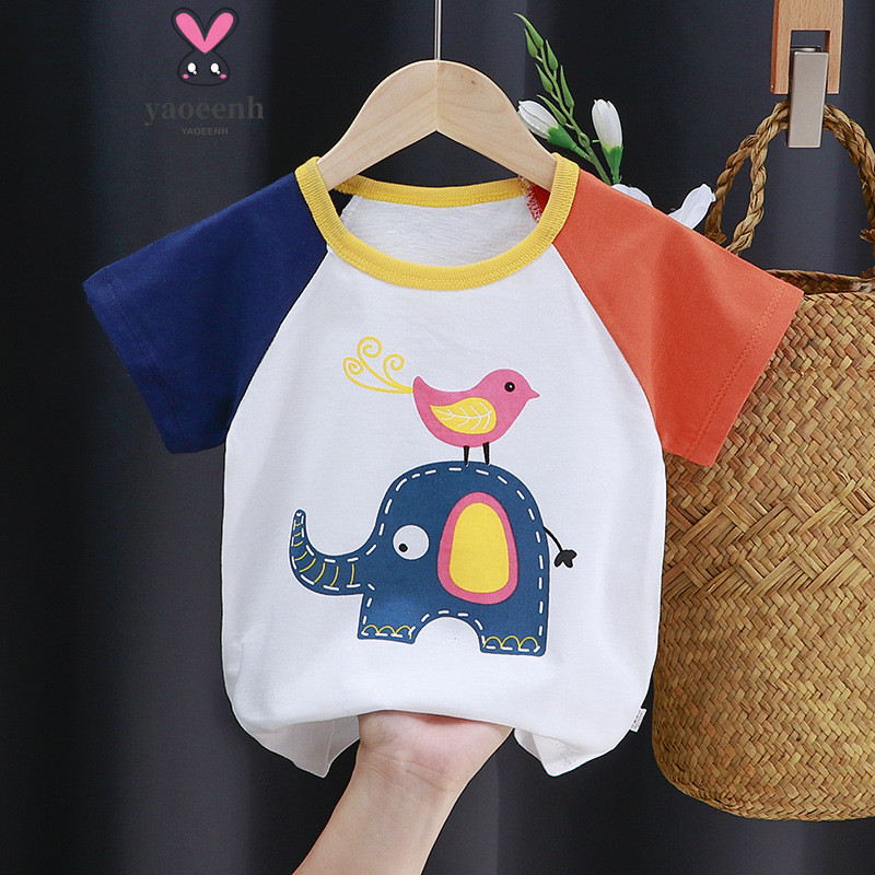 80-130เซนติเมตรเด็กฤดูร้อนแฟชั่นรอบคอเสื้อสวมหัวเสื้อยืดชายหญิงผ้าฝ้ายแท้การ์ตูนลําลองแขนสั้นพร้อมสต็อกจัดส่งที่รวดเร็ว