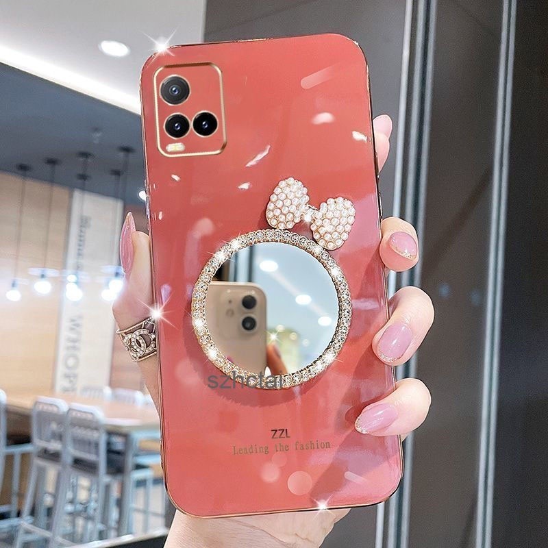 เคส vivo y21 y21s y33s y21a y21t เคสโทรศัพท์ชุบหรูหรา ฝาครอบกรณีเชลล์พร้อมกระจกแต่งหน้าโบว์มุก สำหรับสาวๆ เคสโทรศัพท์ vivo y21 y21s y33s y21a y21t