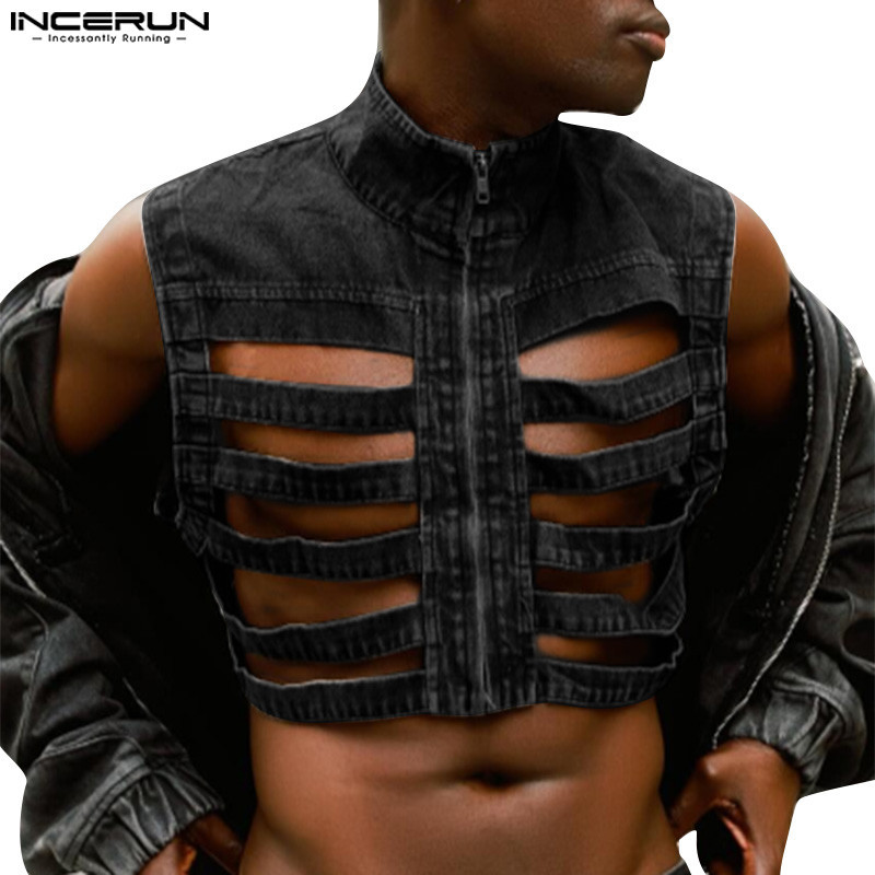 Incerun Men Vintage Fashion Hollow Zip Design Cut-Off Burnout เสื ้ อกล ้ ามแขนกุด