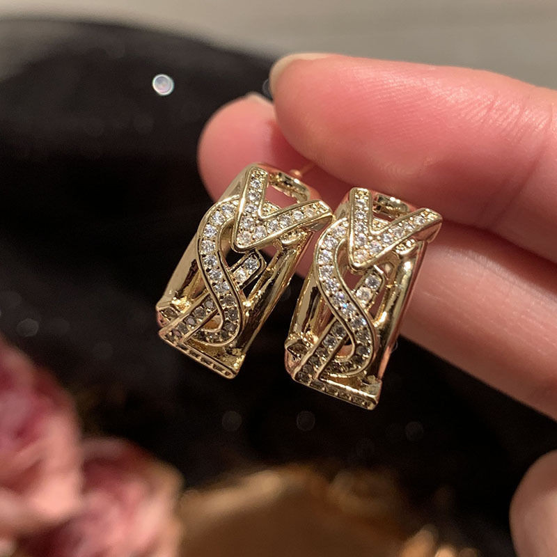 ต่างหูตัวอักษร,ต่างหู Zircon Hollow Out Earring,ลมโลหะฝรั่งเศส,ต่างหู Super Flash,,