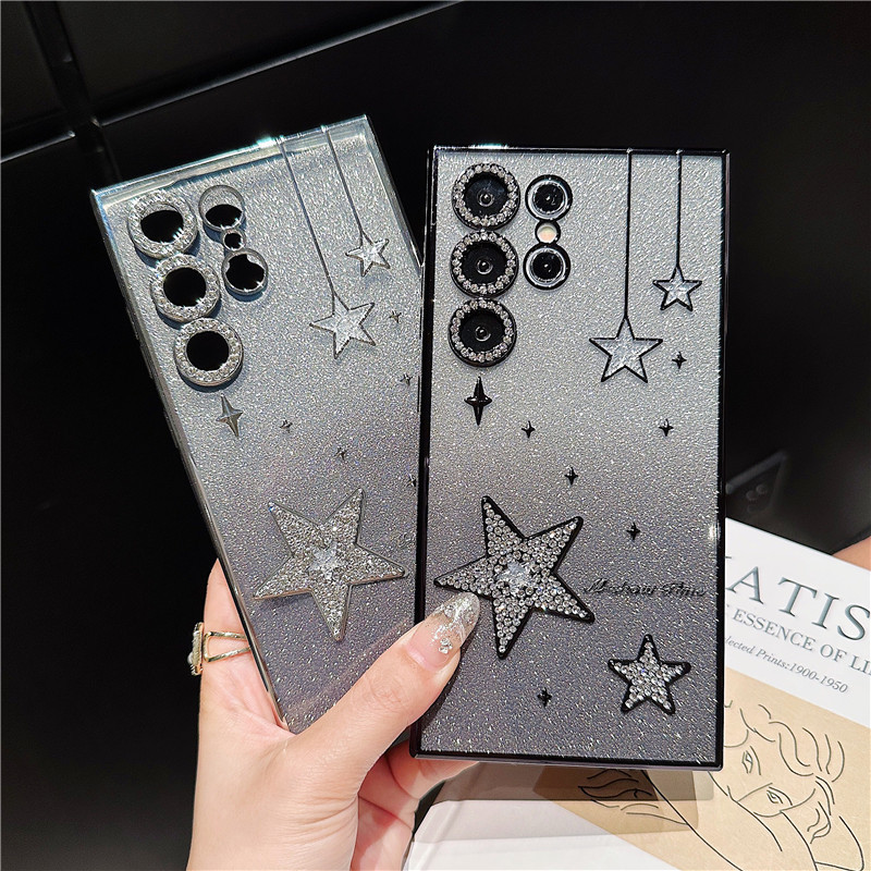 หรูหราชุบ Gradual Glitter 3D Glitter Rhinestone ดาวสําหรับ Samsung S24 S23 Ultra Glitter เลนส ์ Protector กันกระแทกนุ ่ มปกหลัง