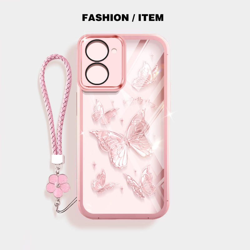 ผีเสื้อหรูหราเคสโทรศัพท์กันกระแทก Vivo Y05 4G Y11d Y21 Y11 5G Y03 Y18E Y18 Y28 4G ปลอกโปร่งใสฝาครอบป้องกันด้วยเชือกแขวนดอกไม้