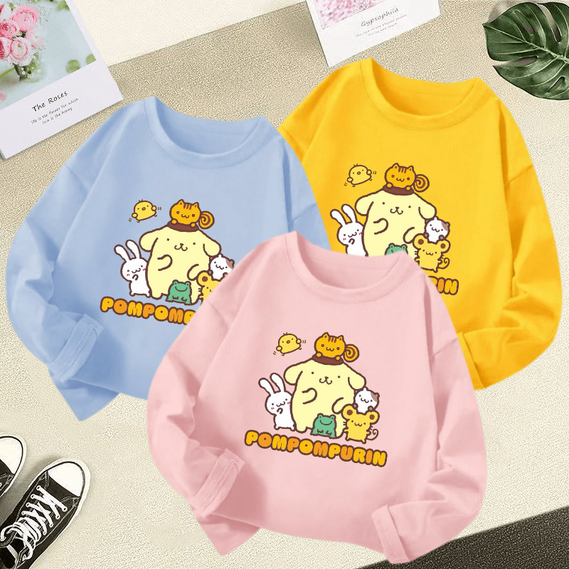 3-12ปีน่ารักการ์ตูนปอมปอมปูรินพิมพ์เด็กสาวแขนยาวเสื้อยืดนุ่มรอบคอเด็กท็อปส์ลูกอมสีสีทึบเสื้อผ้าเด็ก