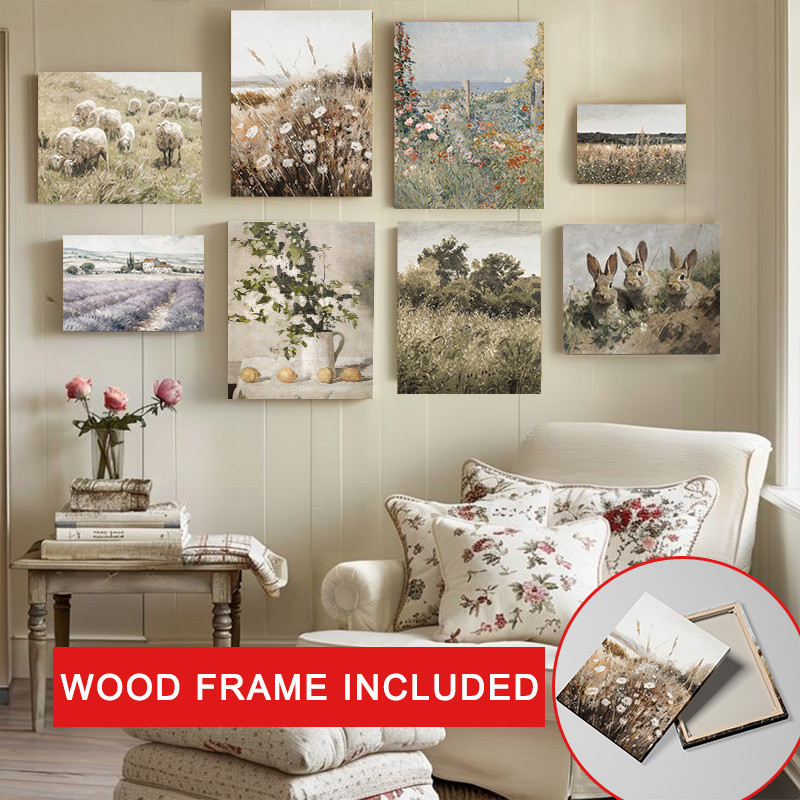 (พร้อมกรอบ) Nordic Retro Pastoral ภูมิทัศน์โปสเตอร์กรอบชนบทดอกไม้ป่ากระต่าย Wall Art ภาพวาดผ้าใบภาพโมเดิร์นตกแต่งห้อง