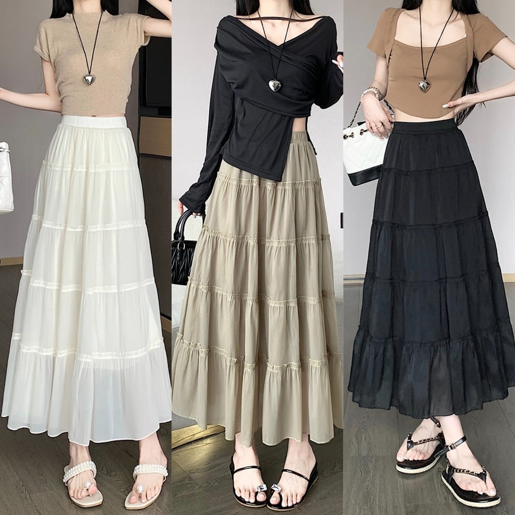 💖Bonnie💖กระโปรงผู้หญิง เอวยางยืด เอวกลาง🥰ผ้าจีบ ทรงเอ กระโปรงยาว💥สไตล์ลำลอง