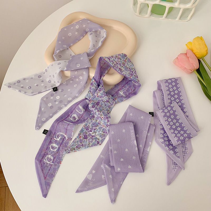 ผ้าพันคอไหมลายดอกไม้สีม่วงเกาหลีโบว์ผ้าพันคอไหมริบบิ้นแฟชั่นสาวอุปกรณ์ผม