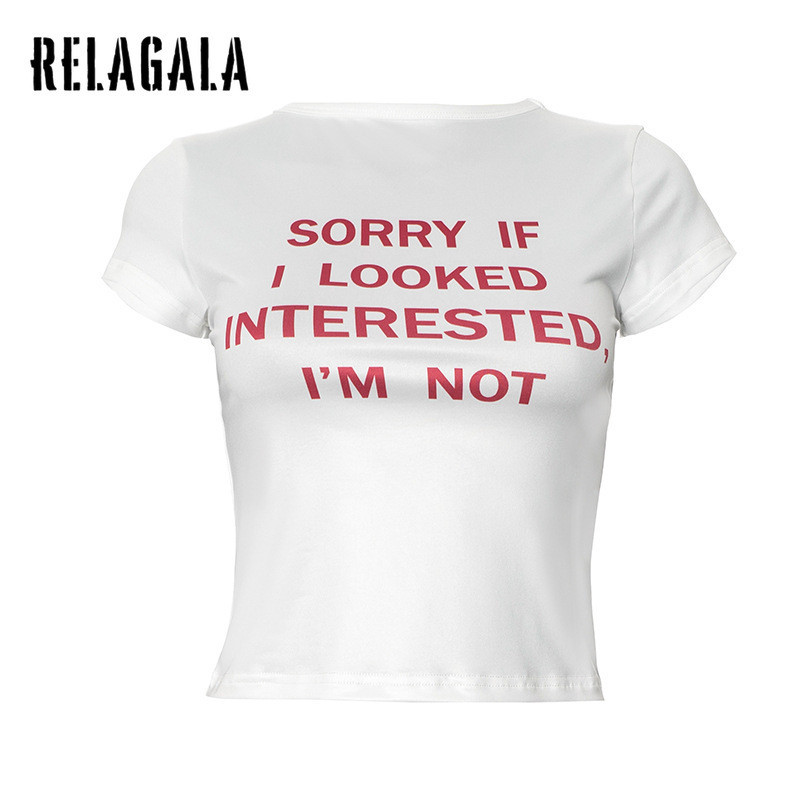 Relagala Womens 2024 เสื้อยืดแขนสั้นพิมพ์ลายตัวอักษรสีตัดกันใหม่
