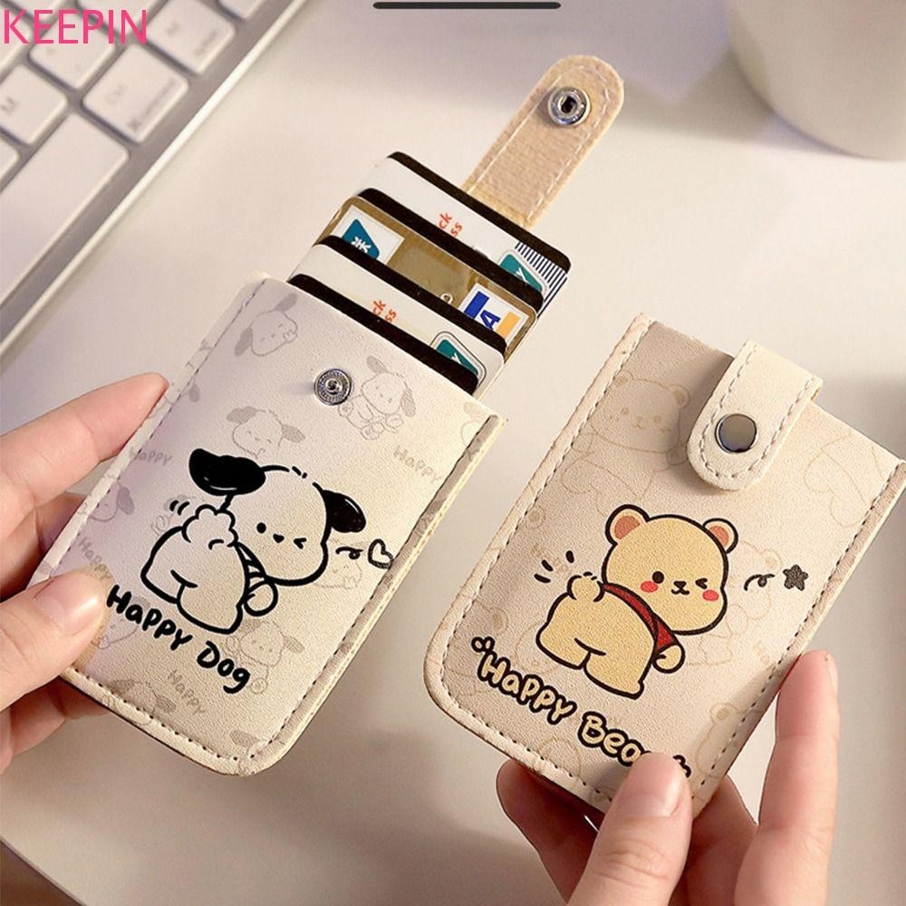 Keepin กระเป๋าการ์ดการ์ตูน, PU Leather Pull-out Type Card Holders Clutch, Elegant Winnie the Pooh Card Pocket Clutch Bag Short Wallet Female