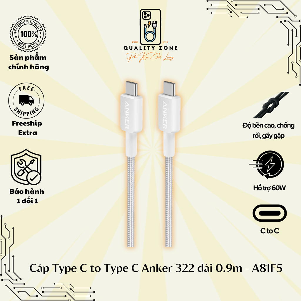 ANKER 322 USB 2-Head Type-C to Type-C Nylon Cable III 60W สายชาร์จ ยาว 0.9 ม. - A81F5