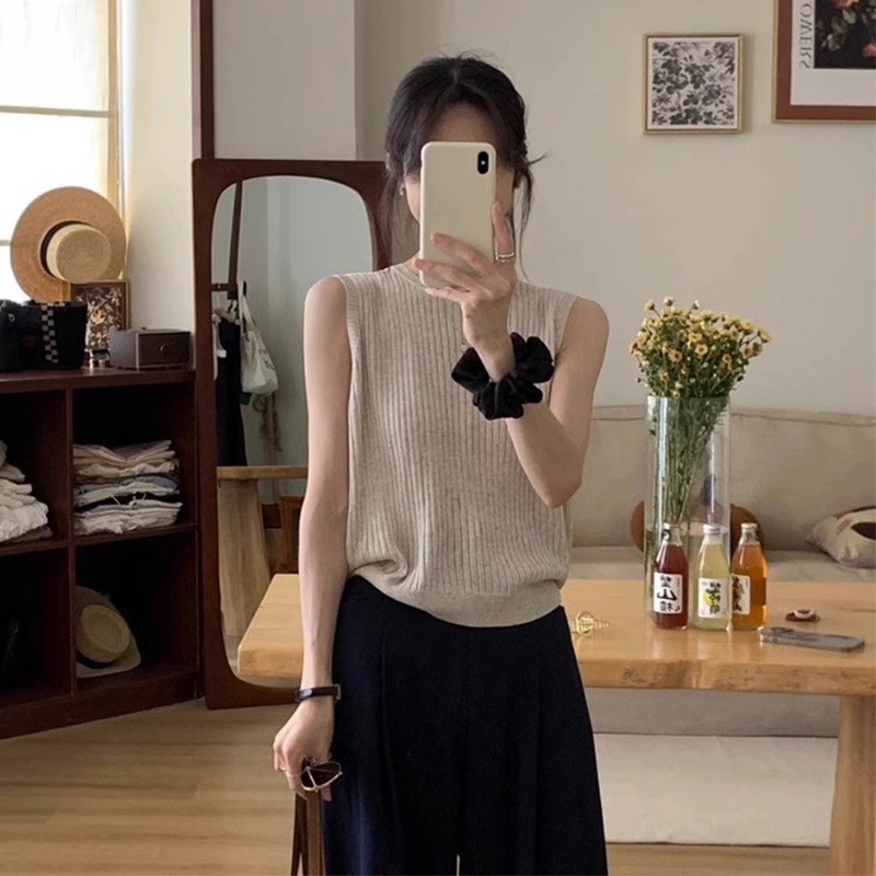 บาลามี ฝรั่งเศสถักเสื้อกั๊กผู้หญิงบางสไตล์ฤดูร้อนกับสลิงสวมใส่ด้านนอกหลวมเสื้อกั๊กขนาดเล็กกลับกลวงแขนกุดด้านบน