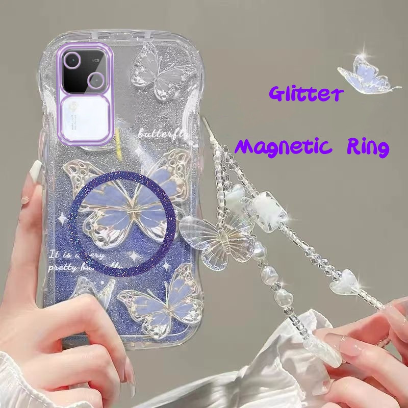 Dreamy ผีเสื้อ Vivo V30 Pro S18 Pro นุ่มปลอกไฟฟ้าหรูหราไล่โทนสี Glitter แหวนแม่เหล็กเคสโทรศัพท์พร้อมขายึดฝาครอบป้องกัน