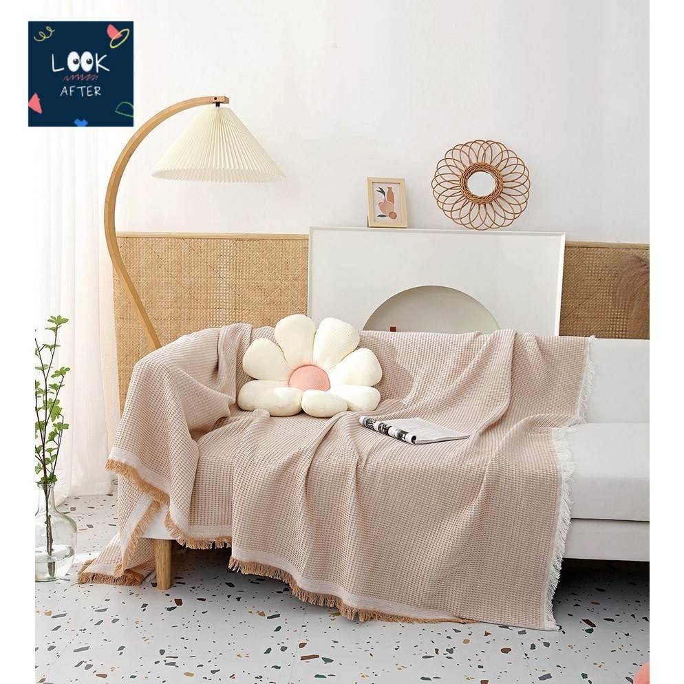 Look After ผ้าคลุมโซฟา ผ้าปูโซฟา หมอนดอกเดซี่ ขนาด 90x90cm และ 90x180cm สีเทา สีกากี