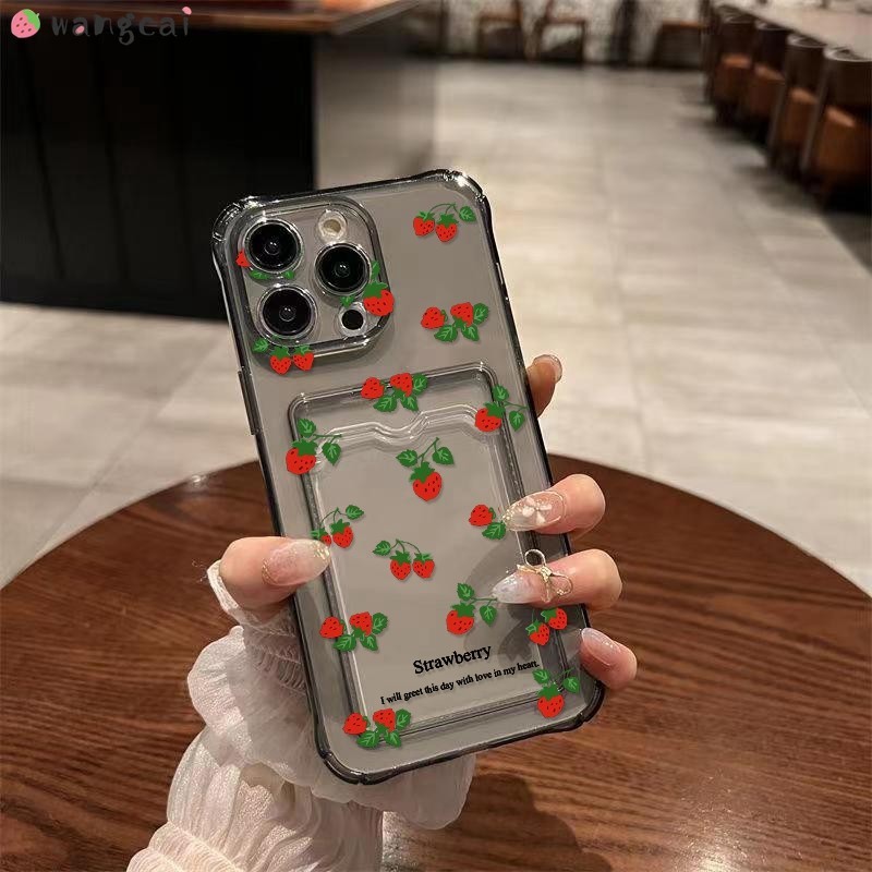 SAMSUNG ผู้ถือบัตรสําหรับsamsung Galaxy A72 A52 A52s A42 A32 A23 A22 5Gเคสโทรศัพท์สีแดงสตรอเบอร์รี่ผลไม้ผู้ถือบัตรกระเป๋าสตางค์ใส่Photo Cardแพคเกจคลิปสล็อตปลอกอ่อนกรณีปก