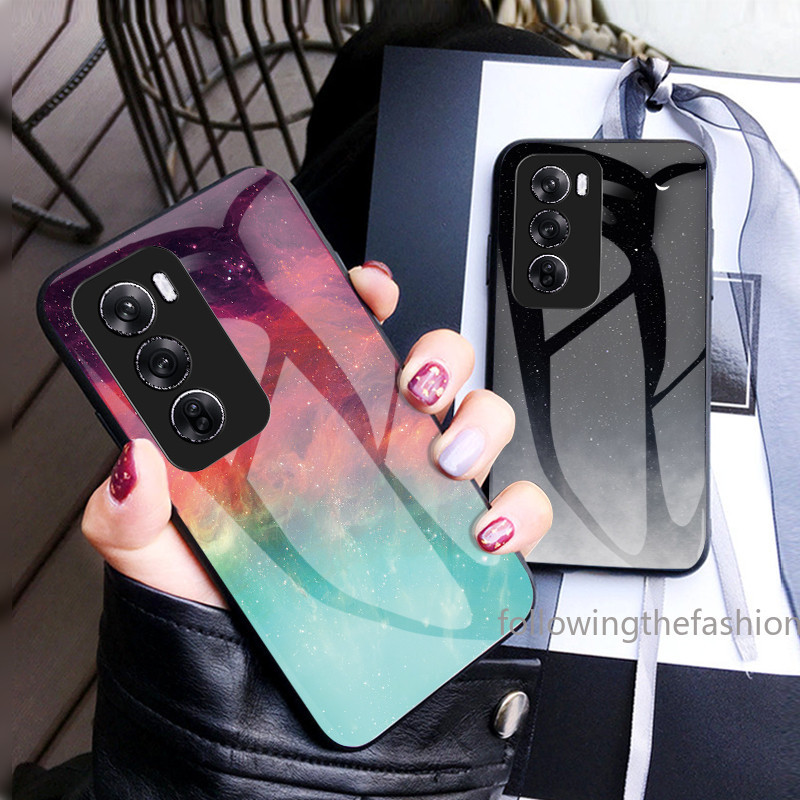 ปลอกสําหรับ OPPO Reno 12 Pro 5G Reno12 12Pro 2024 กระจกนิรภัยบางเฉียบเคสโทรศัพท์กรอบซิลิโคนแฟชั่นไล่โทนสีปลอกกันกระแทกฝาหลัง