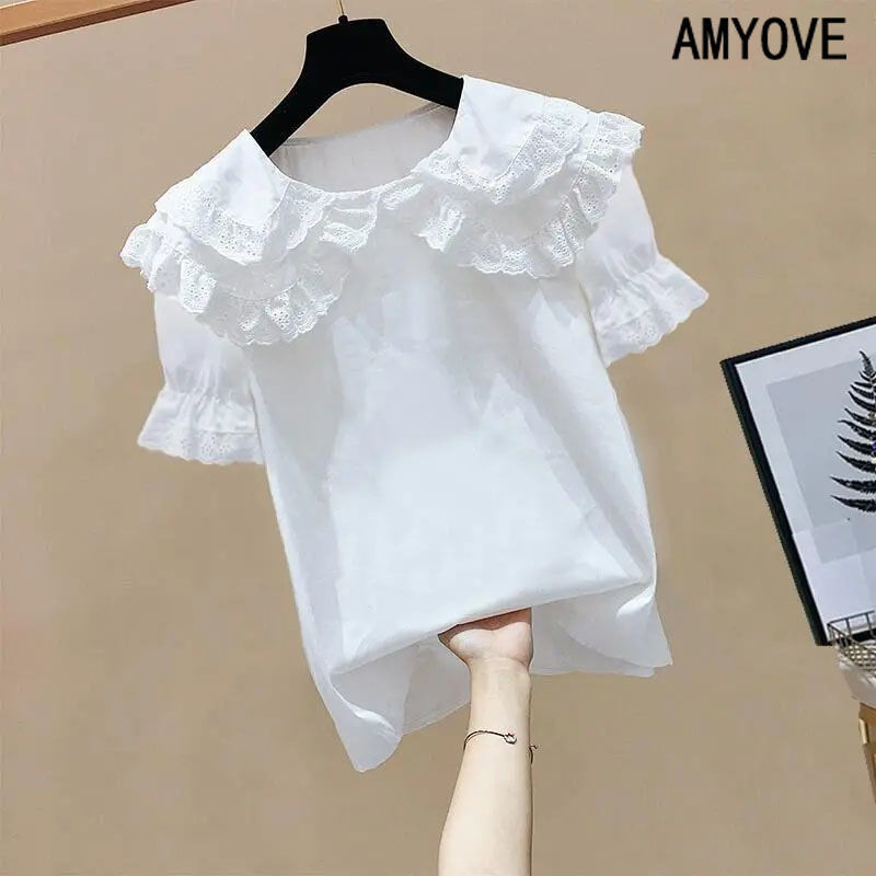 【#755] ฤดูร้อนสไตล์ใหม่เสื้อแขนสั้นตุ๊กตาหวานปกเสื้อสีขาวผู้หญิงขนาดเล็กทุกการแข่งขันด้านบนผู้หญิงอินเทรนด์ด้านบนผู้หญิงแขนสั้นแขนสั้น-