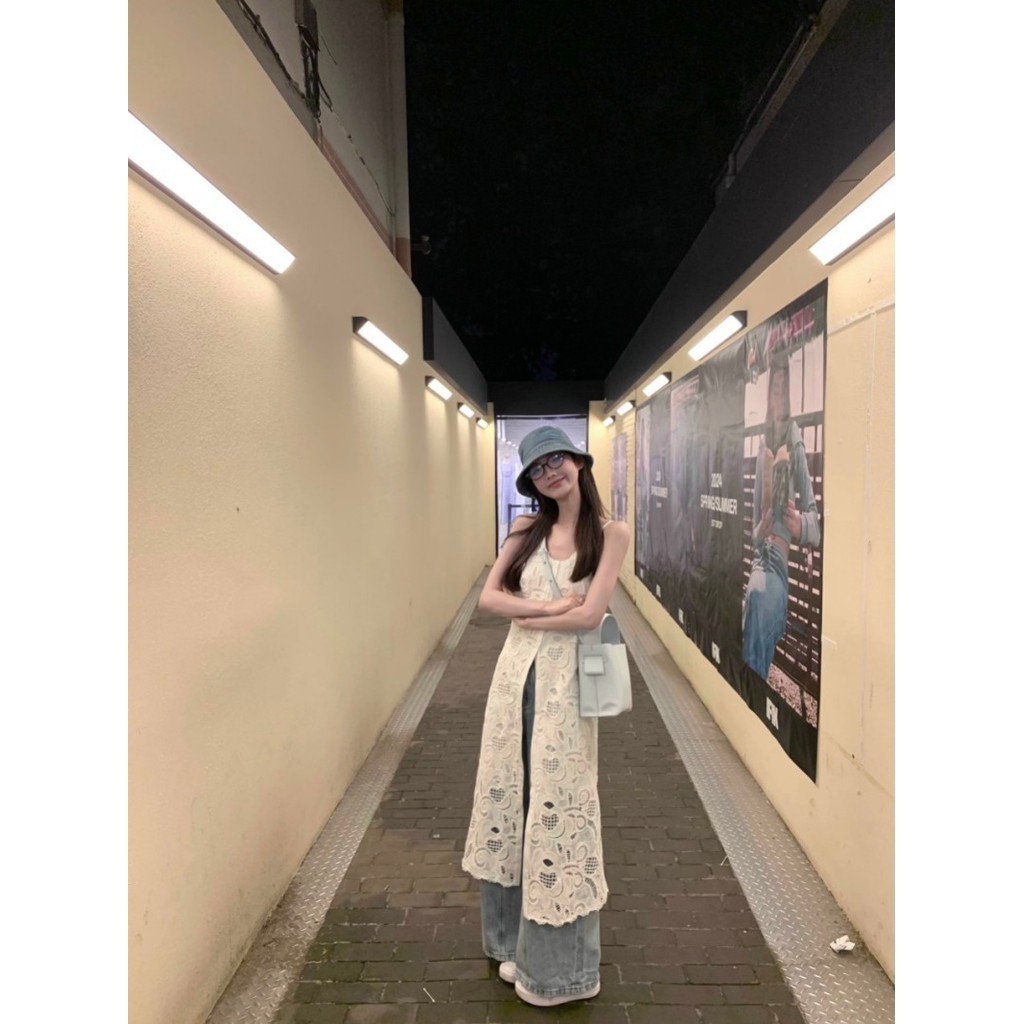 ออกแบบ Hollow Jacquard ลูกไม้แขนกุดผู้หญิงฤดูร้อน A-Line Dress