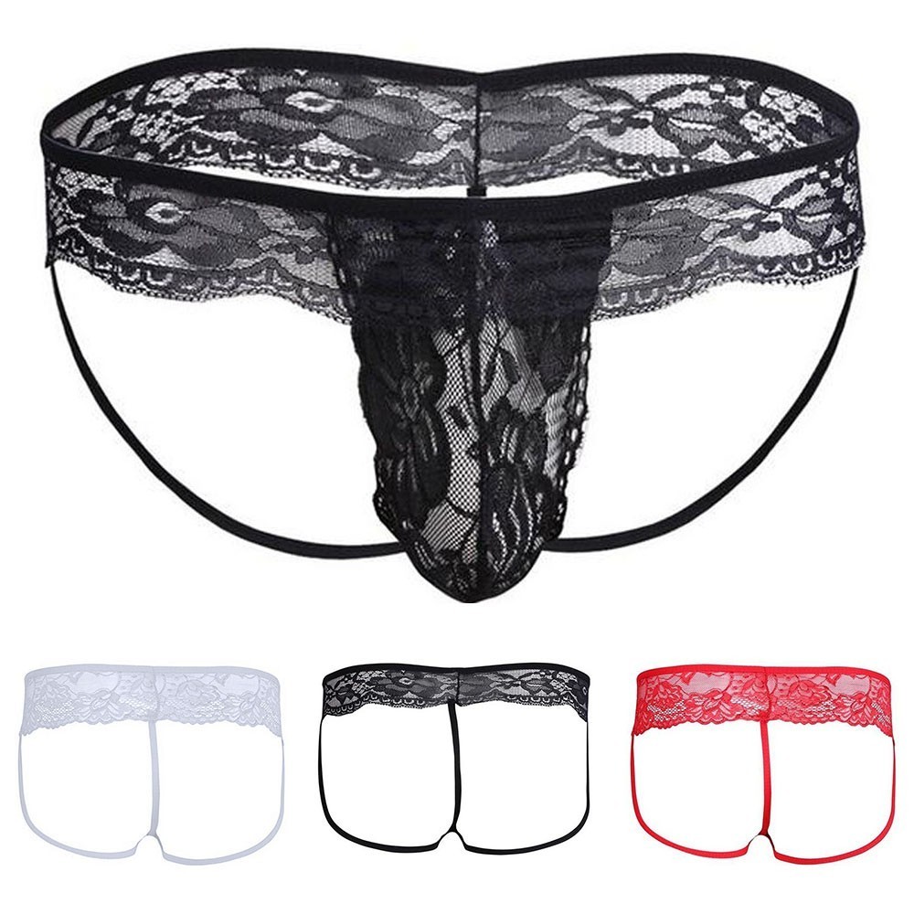 สต็อก Men Lace See Through Sissy Pouch Thong Briefs รูปที่ 2