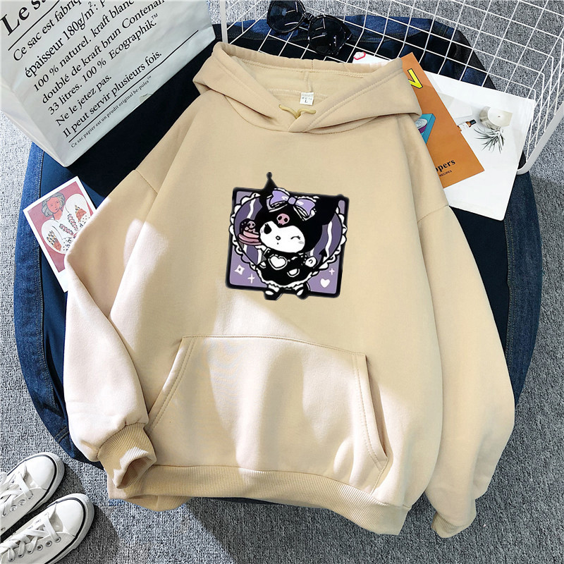 การ์ตูนแม่บ้าน Kuromi น่ารักพิมพ์ผู้หญิง Hoodie Hooded ฤดูใบไม้ร่วงและฤดูหนาวหลวม Fitting แฟชั่นแขนยาวคู่ Top